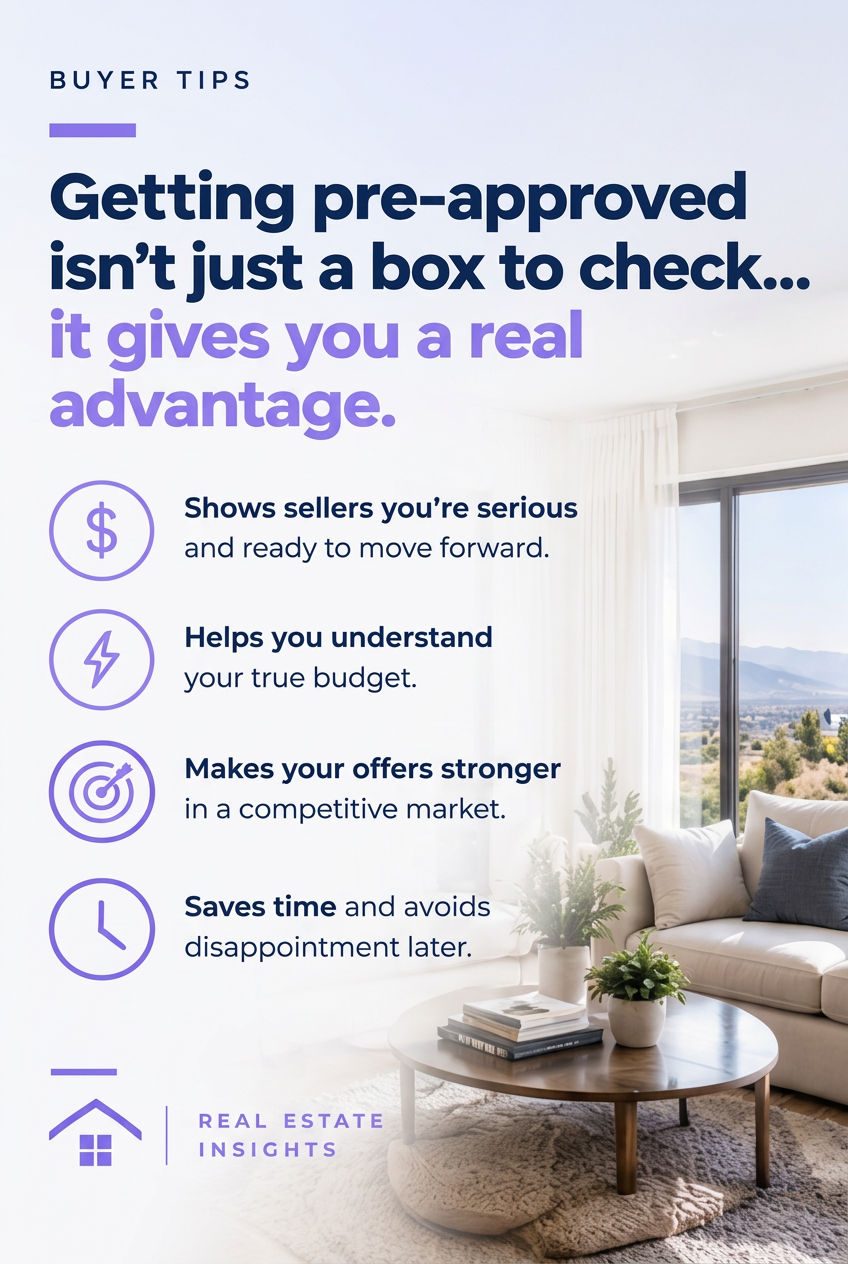 Bright living room post listing four advantages of getting pre-approved