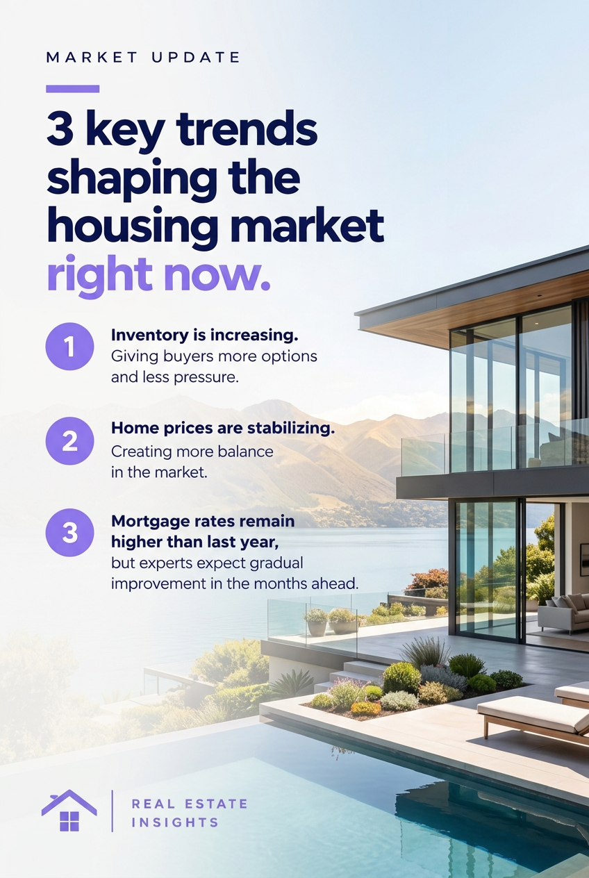 Market update post with three key housing trends over a modern hillside home and city view