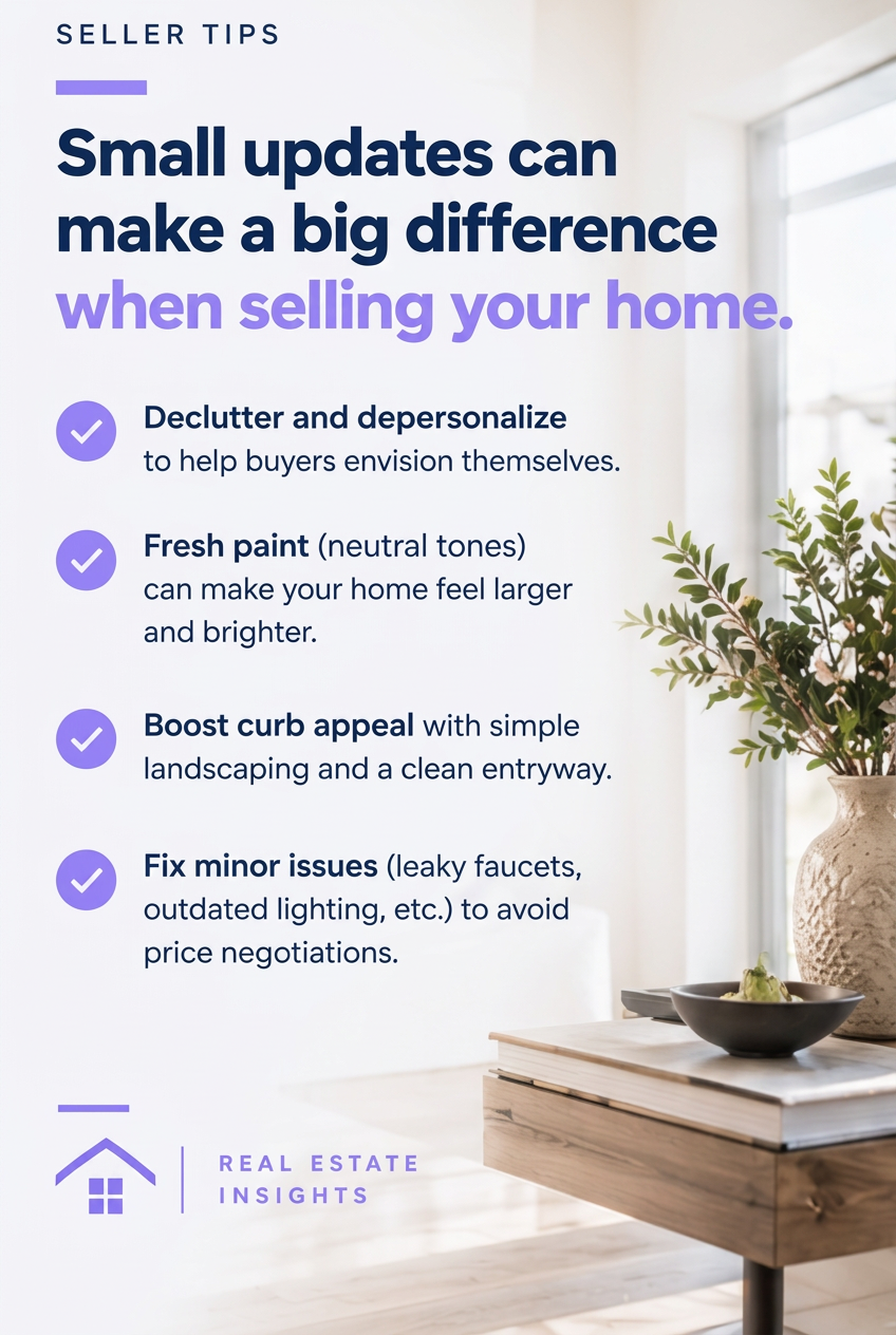 Staged living room post listing small updates that make a big difference when selling