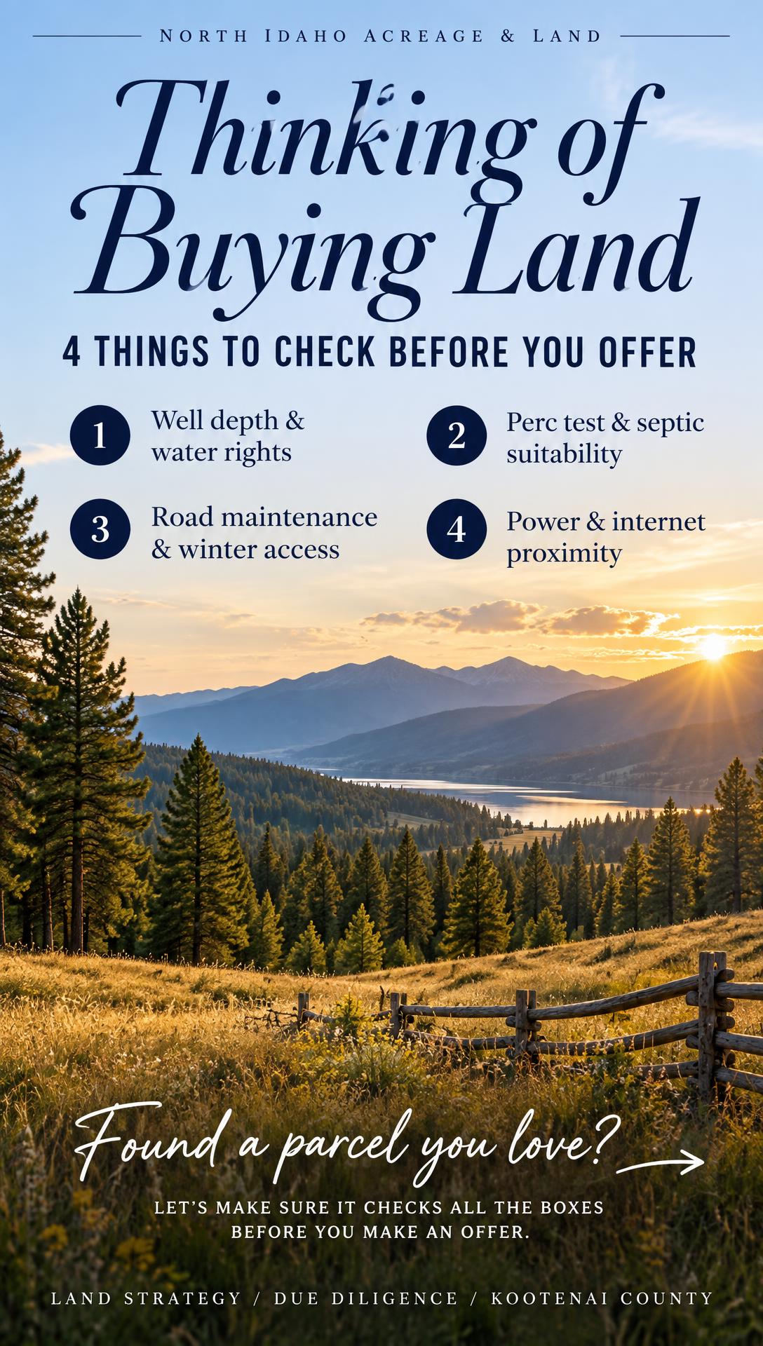 North Idaho land buyer guide post with pines, mountain ridge and golden-hour meadow