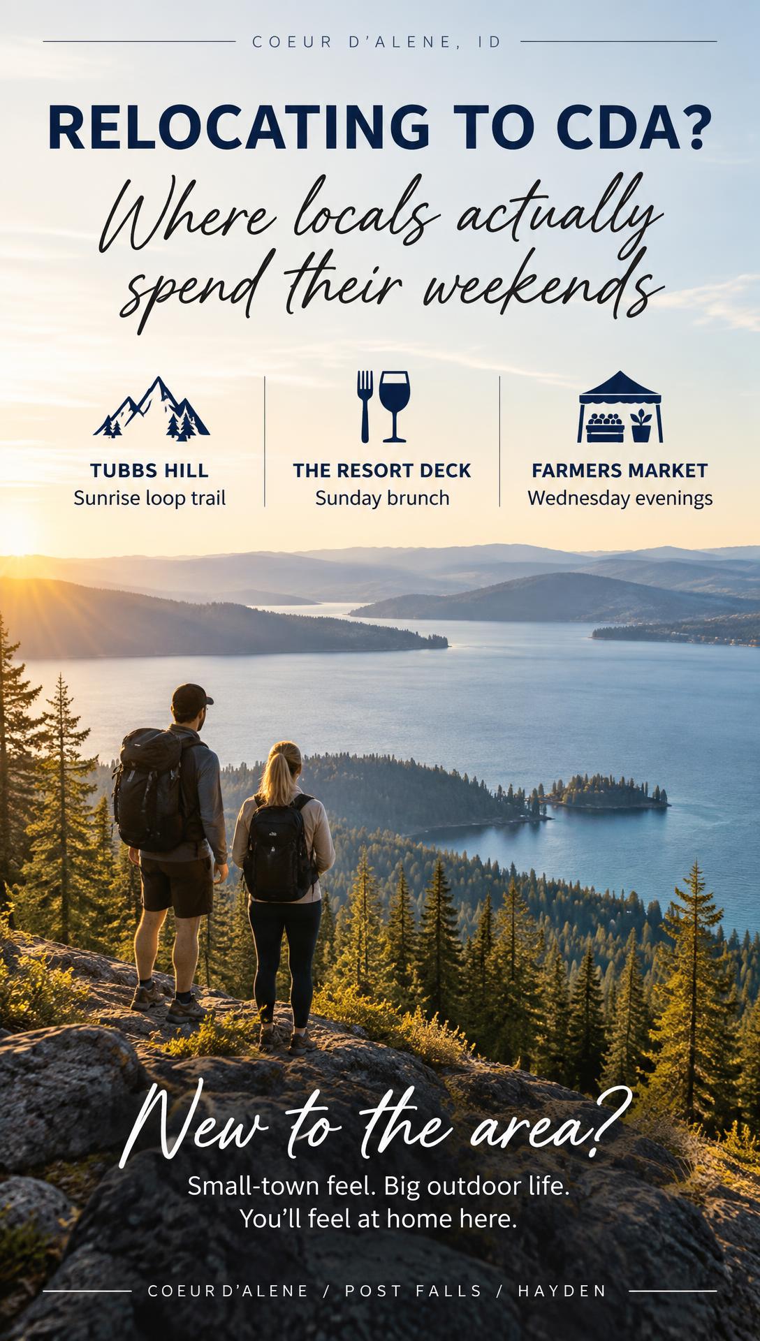 Relocation lifestyle post with hikers overlooking Coeur d'Alene lake
