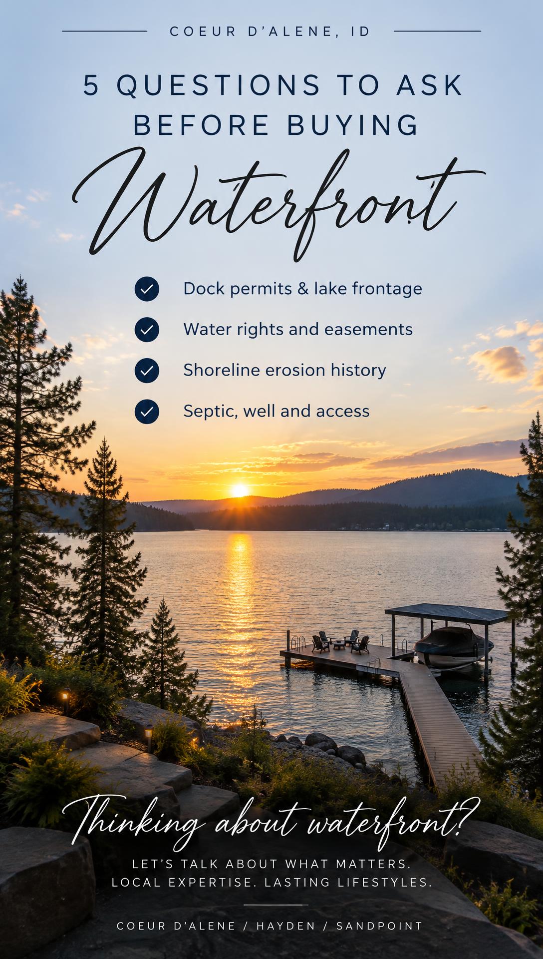 Sunset lake and dock post listing questions to ask before buying waterfront